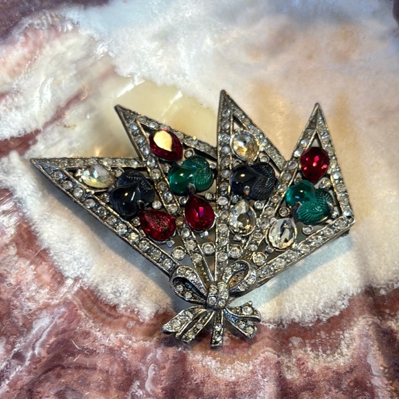 Vintage Silver Brooch with Red and Green Accents - Picture 2 of 8